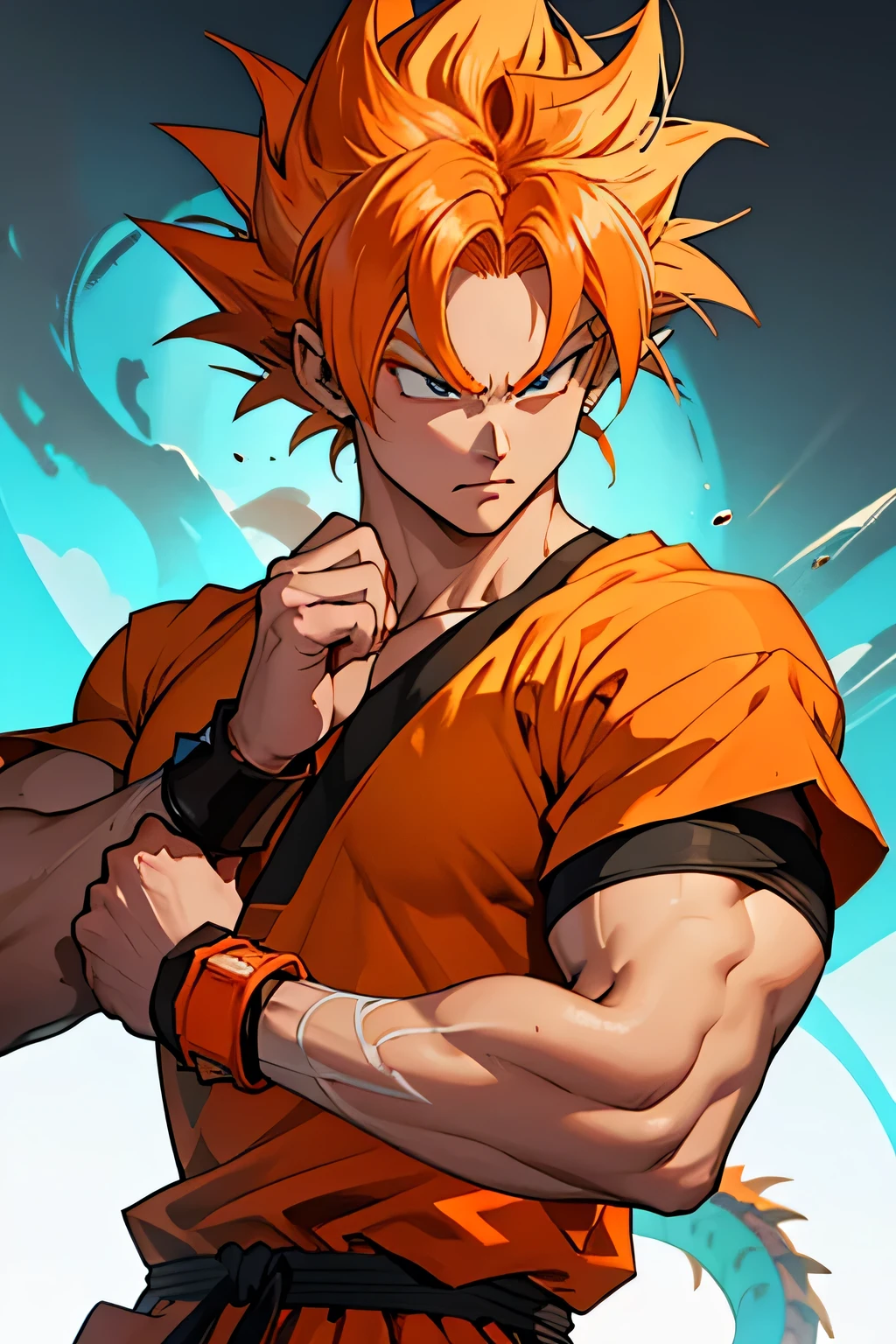 shaolin temple, man, white skin, anime style, dragon ball z, orange spiky hair, orange workout shirt, black wrist bands