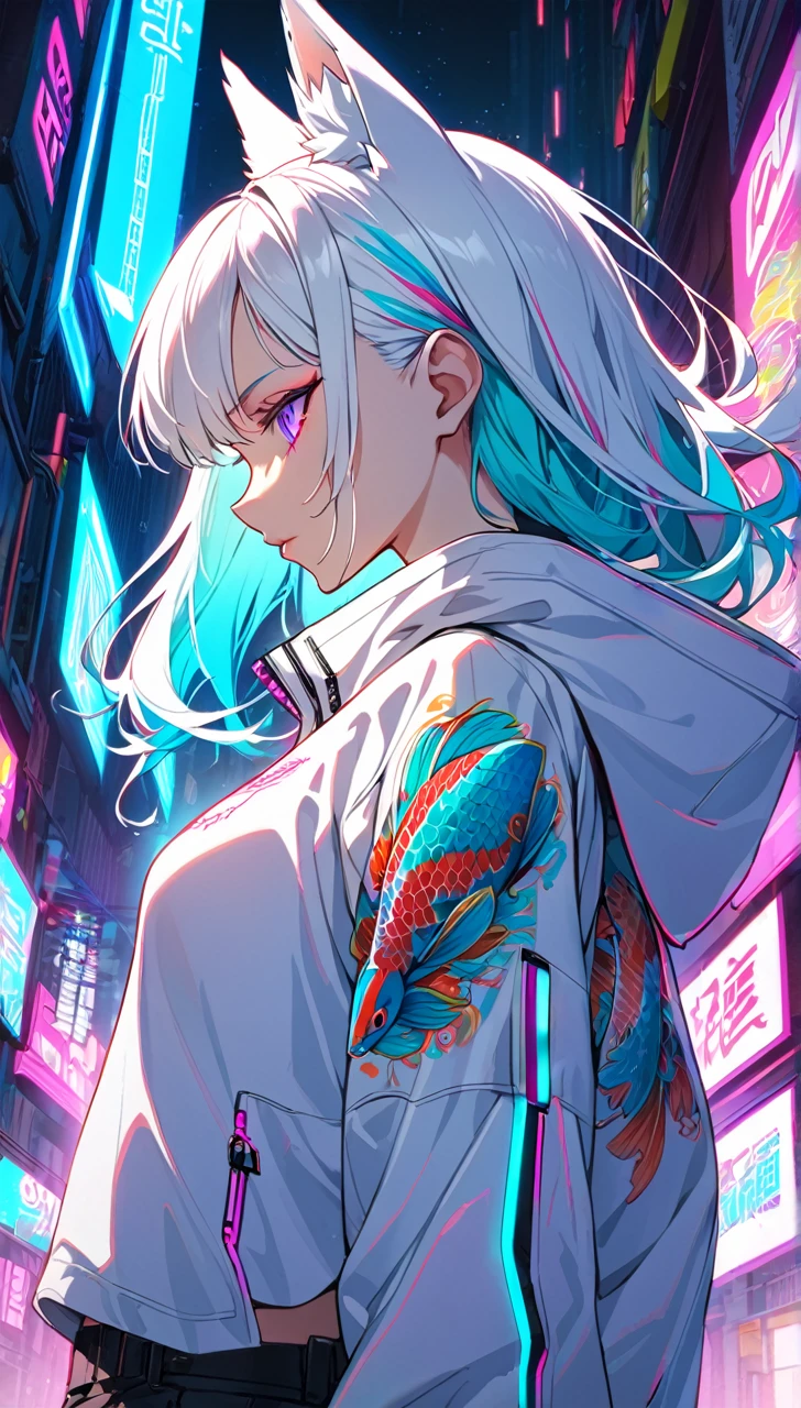 1woman, long white hair with pink and cyan tips,Muticolored hair, fox ears, purple eyes, wearing a white coat, wearing black pants, wearing white undershirt, tattoos on arms, colorful Japanese koi tattoos, showing body, medium breasts, cyberpunk, profile picture perspective, neon, loose hair, waist up perspective