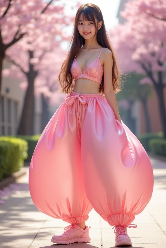 Japanese high school girl, solo, fullbody, brown eyes, brown long hair, wearing an Arabian outfit consisting of humongous inflatable satin princess Jasmine-style pantaloons, pink shoes & a giant inflatable satin bra top. The pants are light pink and extremely puffy and completely round and completely spherical, high quality.