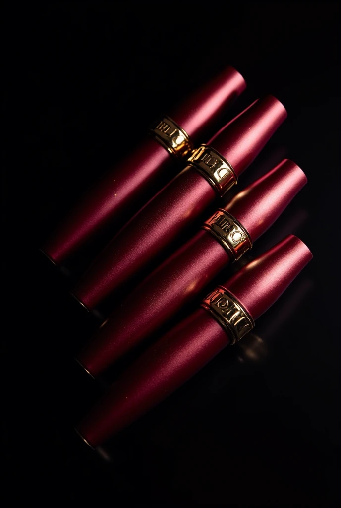 diagonal row of mascara tubes with maroon packaging and gold accents black background