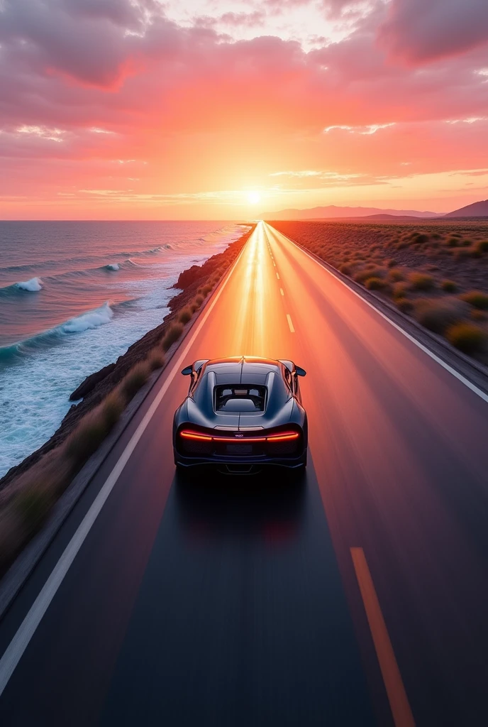 highway in ocean, infinity highway, bugatti chiron, sport car, back pov car, motion blur in asphalt, sunset, 4K