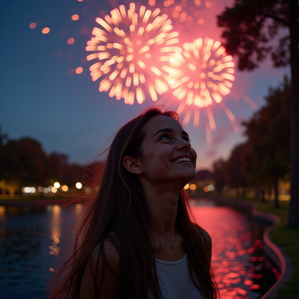Many fireworks in eyes of young lady at night