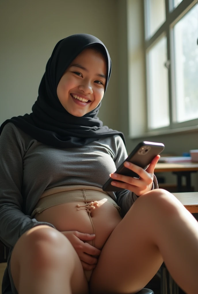 Plump vagina, sweating vagina, Beautiful girl wearing narrow dark hijab malay age girl 18 years old, kelantanese look, cute girl face, smiling, eyes looking at camera, grin, big laugh, nude, naked, naked body, sperm on vagina, no clothes, no clothing, big breasts about to burst out, closeup vagina, closeup view, chubby body, showing vagina, vagina view, plump thigh, realistic skin, view from below, spreading legs on desk, in empty classroom, books on table, hand holding smartphone, day time, sun light, 8k resolution, high quality, ultra detail