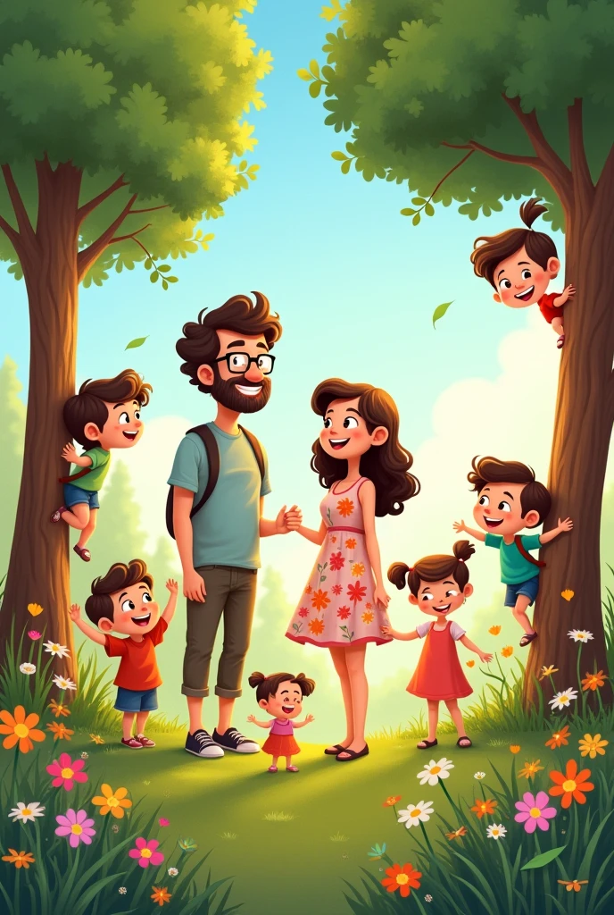 Family of 7, Husband, wife, three sons, one girl, one baby, nature, cartoon