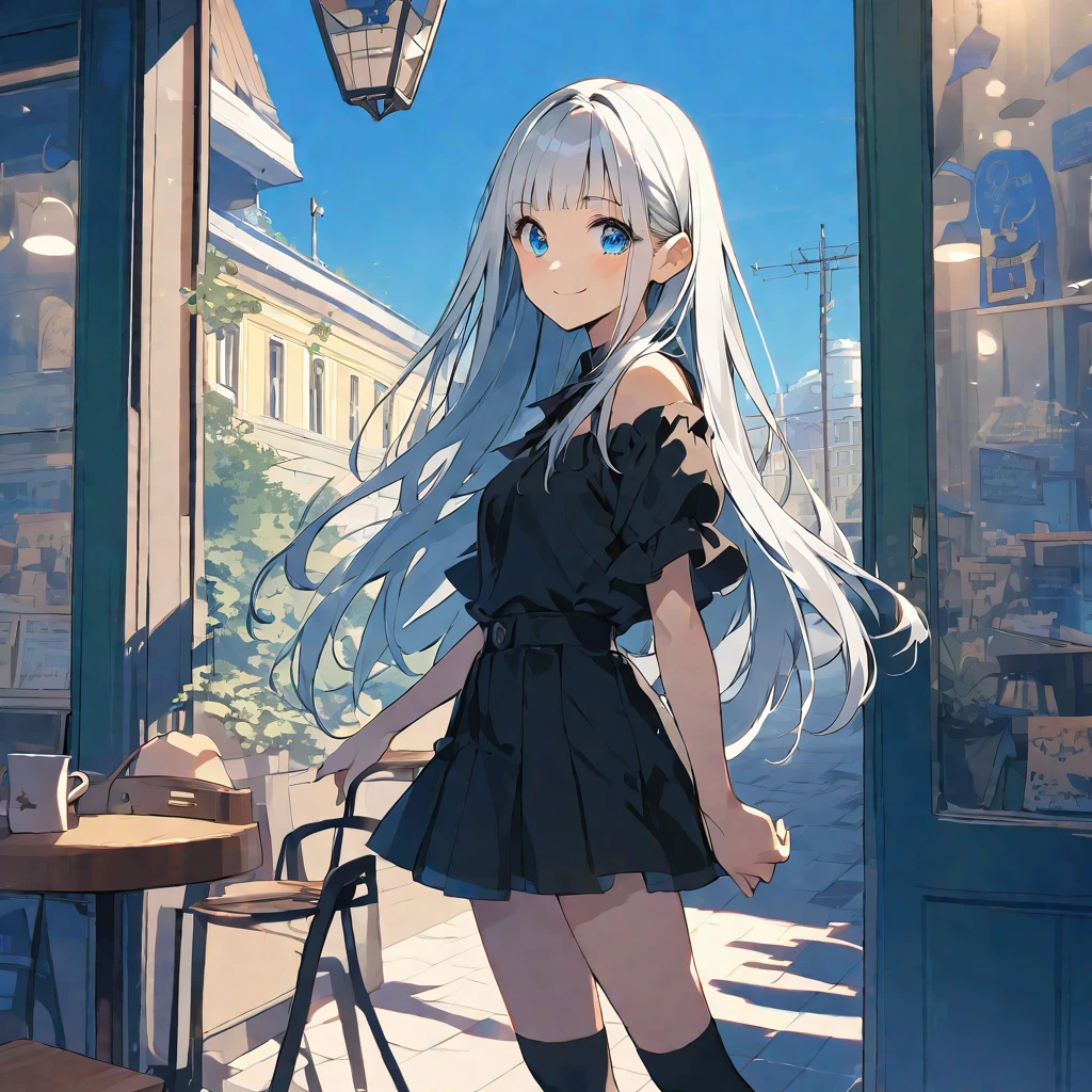 alone,good looking, Monotony,
1. woman,
,Straight hair,Long Hair,, Silver Hair,
Kazuka Nakano ,
Bright Blue Eyes,Soft impression,
beautiful,Hata,darkness, Russia,
smile,skin, blue sky, Looking neat and tidy,
Off the shoulder、mini skirt,Knee-high socks、
Cafe、