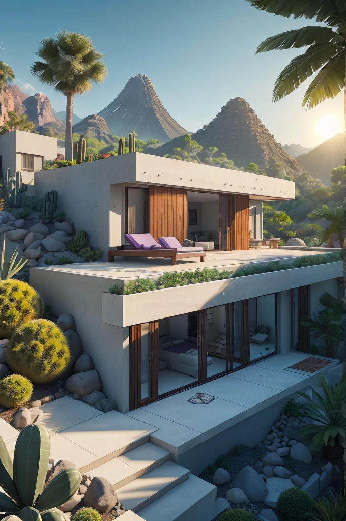 small and beautiful modern house in top of big boulders, terraces, pool, stairs, multiple cacti gardens, palms, trees, rocks, beautiful landscape design, mountains and volcano y background, amazing clouds, sun, moon, planets, milky way galaxy, concrete, wood, glass and steel materials, olive green, violet, orange and withe colors in facade