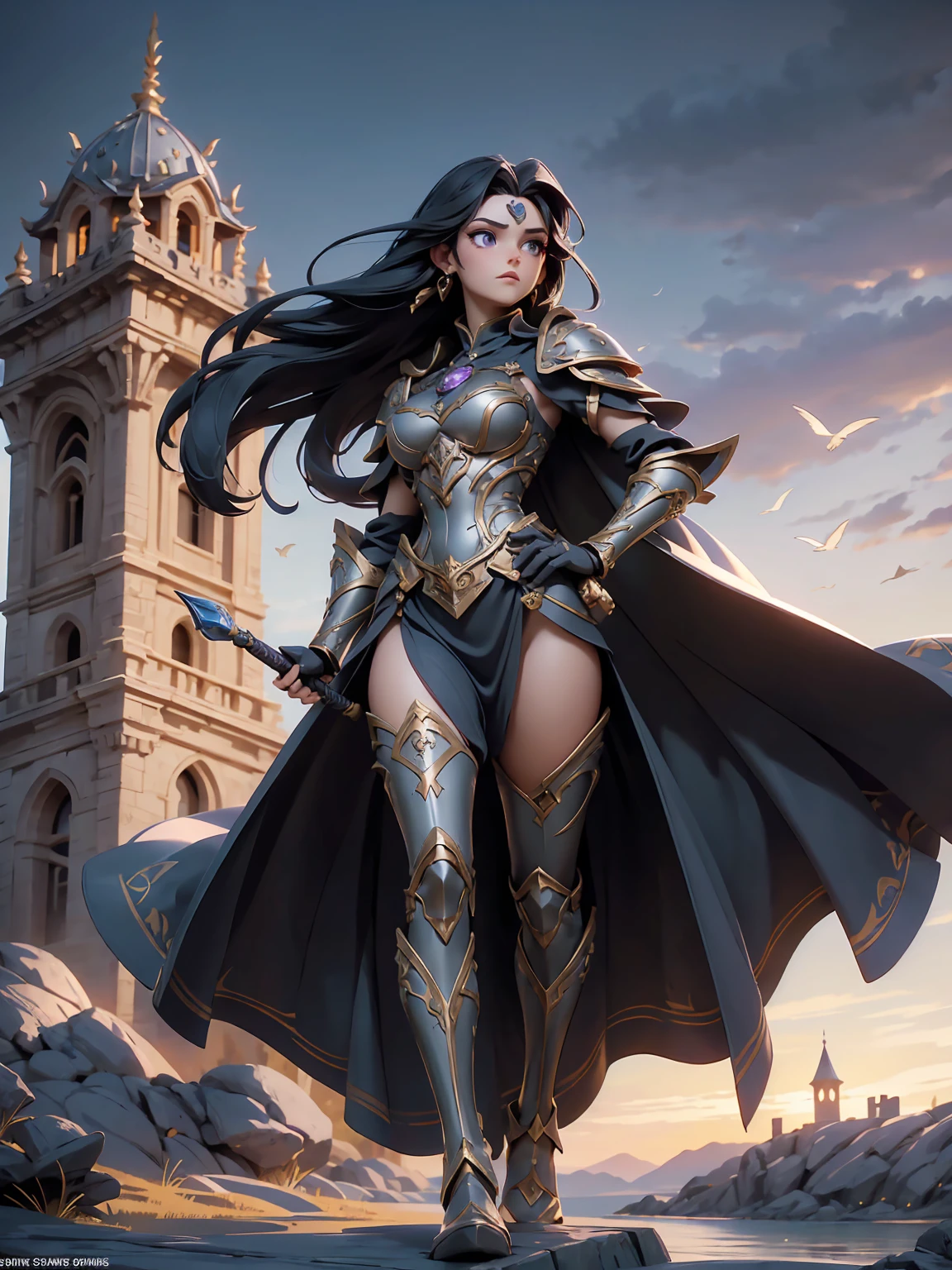 A majestic artwork of a graceful female paladin standing in a grand, medieval landscape. The (((full-body view))) reveals her adorned in exquisitely designed armor that combines elegance and strength. Her gleaming silver armor is intricately engraved with swirling patterns and symbols of protection and valor. The breastplate features delicate filigree and gem inlays, while her gauntlets and greaves are finely etched, catching the light with every movement. She wears an ornate, deep purple cape that flows gracefully behind her. Her long black hair is tied in a sleek ponytail, cascading down her back, complementing her regal appearance. Her striking amethyst purple eyes, filled with resolve and determination, enhance her beauty and strength. She carries a beautifully crafted shield, embossed with intricate heraldic symbols and protective runes, its edges reinforced with gold trim. In her other hand, she wields a formidable mace, adorned with intricate engravings and inlaid gemstones that shimmer softly. The background features a sprawling castle with tall spires against a dawn sky. Rolling hills and lush meadows stretch out before her, with a serene river winding through the landscape. Birds take flight in the early morning light, enhancing the sense of peace and anticipation. The paladin stands poised and ready, embodying both grace and power, a guardian of the land and a beacon of hope for all who gaze upon her. Her presence is commanding and inspiring, a true paragon of beauty and strength.