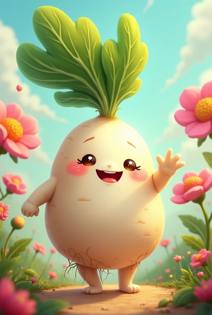 masterpiece: concept art, best quality, A very cute and chubby anthropomorphic white radish waving its hand, looking at viewer, Slightly smiling, happy, fruit, fantasy art, Dynamic configuration, Illustration,