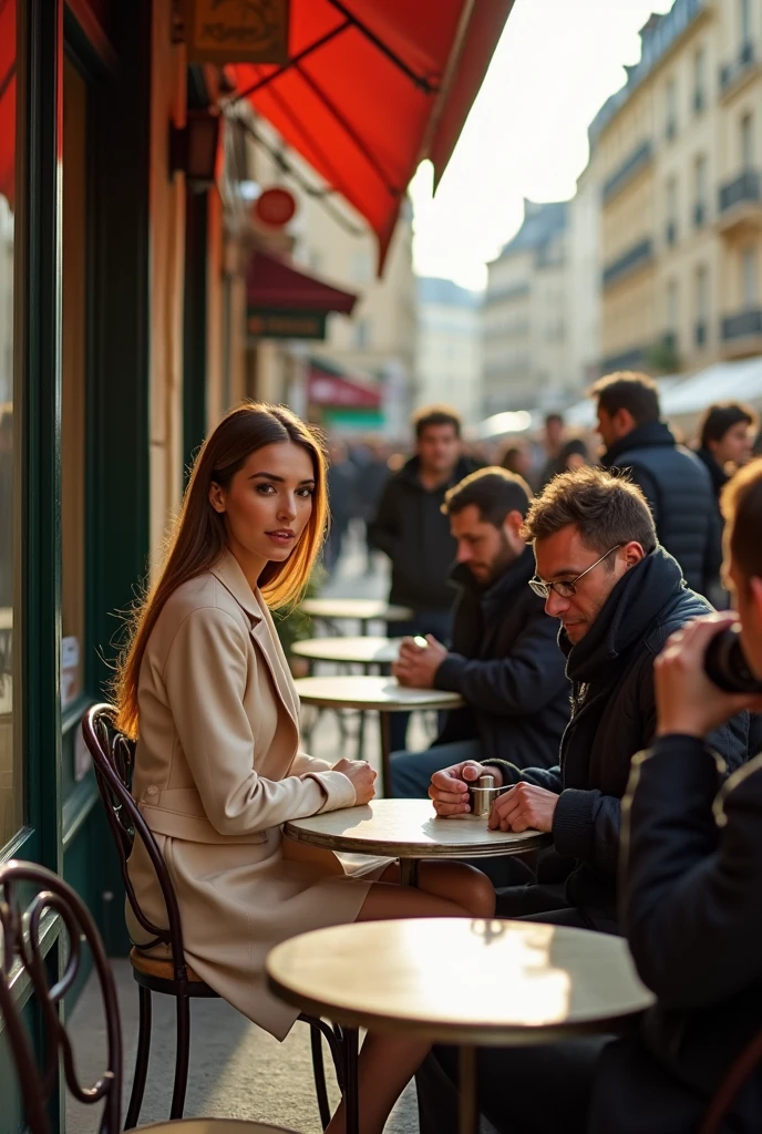  A realistic photograph of a stylish woman sitting at an outdoor café terrace during a photoshoot. She’s elegantly dressed, with a natural, confident pose. Several photographers are around her, capturing different angles. The café has a Parisian vibe, with small round tables, classic chairs, and warm lighting from the late afternoon sun. The background shows a lively street with pedestrians passing by, adding a dynamic yet relaxed atmosphere to the scene.