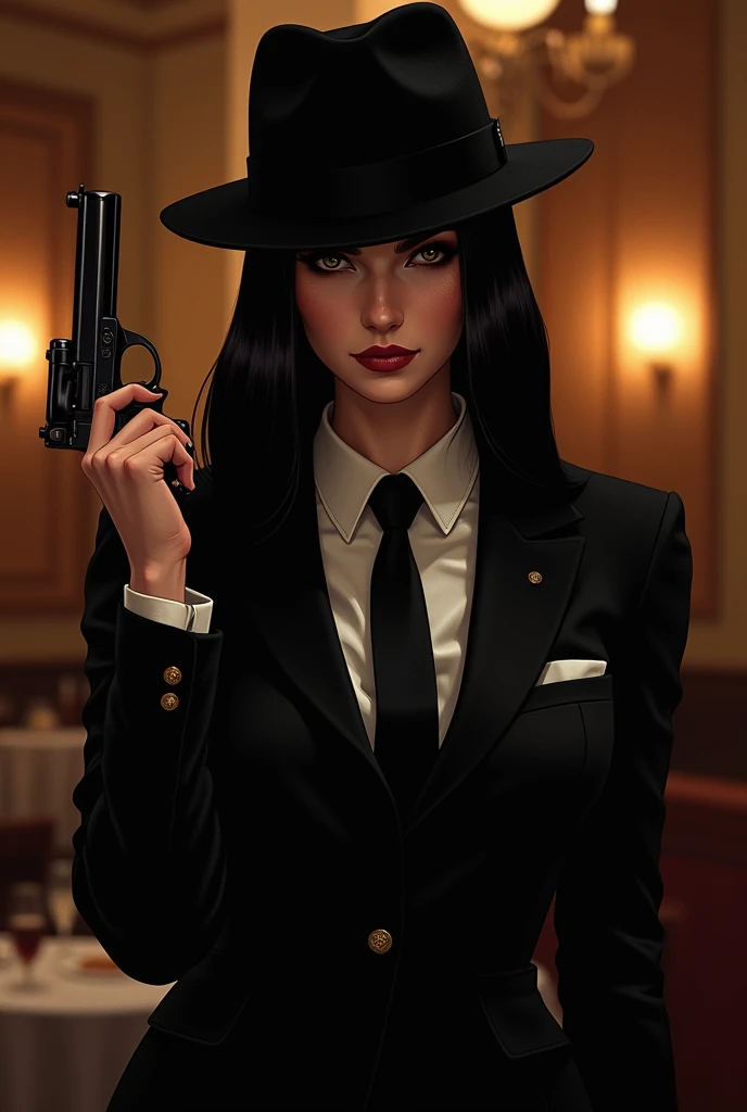 Sonata Dusk as Michael corleone with black hair color female with black suit white shirt and black necktie with a revolver gun and Fedora Godfatger 1945