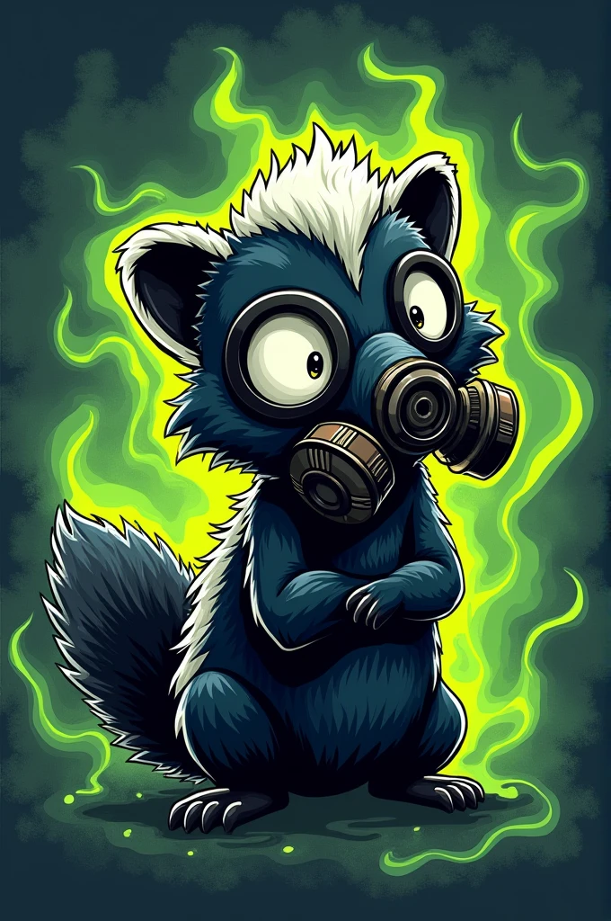 A t-shirt with a skunk wearing a gas mask and neon green smoke