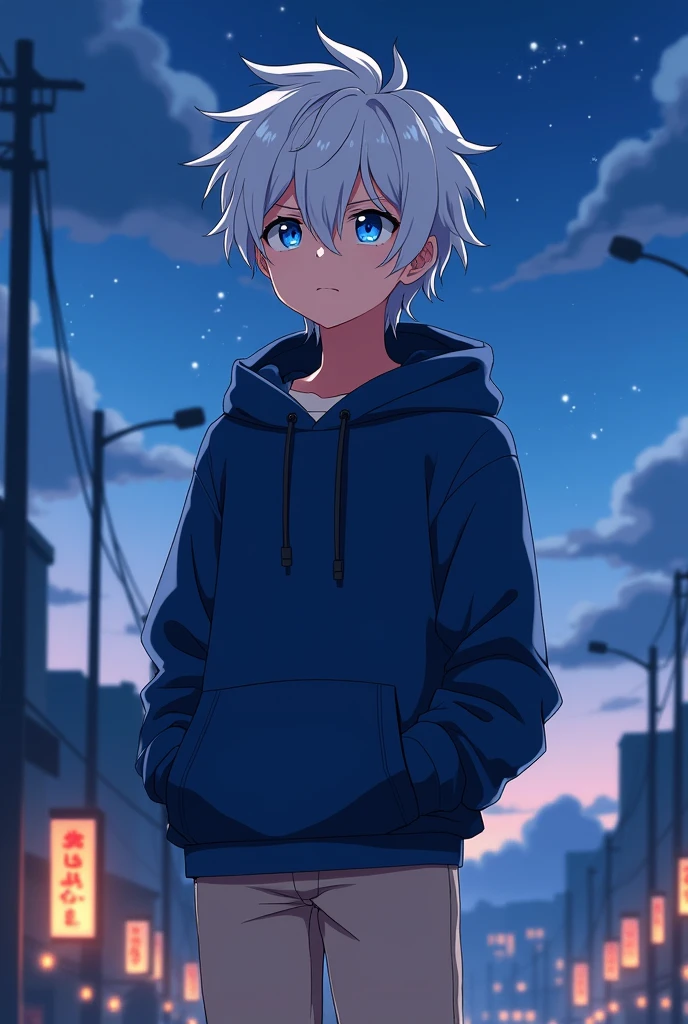 Create a 13-year-old male character with a midnight blue hoodie, beige pants, white hair, and blue eyes in an anime style.