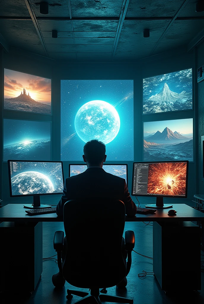 Copy the artificial intelligence of a space odyssey operating in bunkers, where he has the responsibility of choosing the humans fit to repopulate the planet Earth. that humans are not seen and that deferred ideas are seen on the screens, some where the planet is destroyed, But in others you see the rebirth of paradise., in an empty space, only the artificial intelligence screens that are embedded in the bunker. WITHOUT HUMANS AND WITHOUT ROBOTS, Empty space.