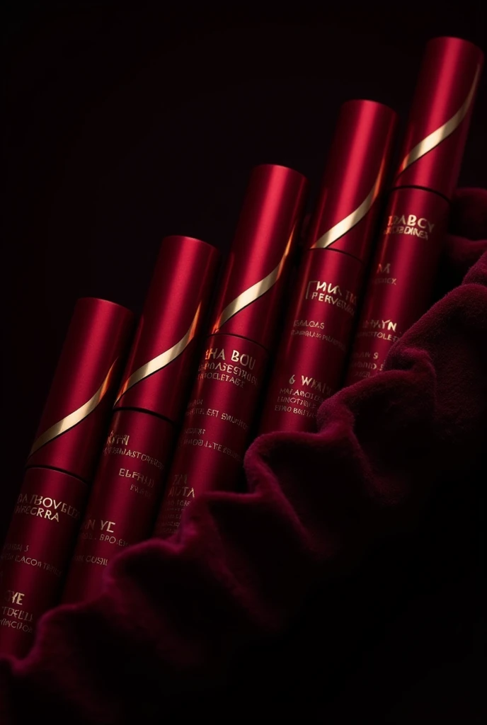 diagonal row of mascara tubes with maroon packaging and gold accents black background NO LETTERS OR DESIGNS