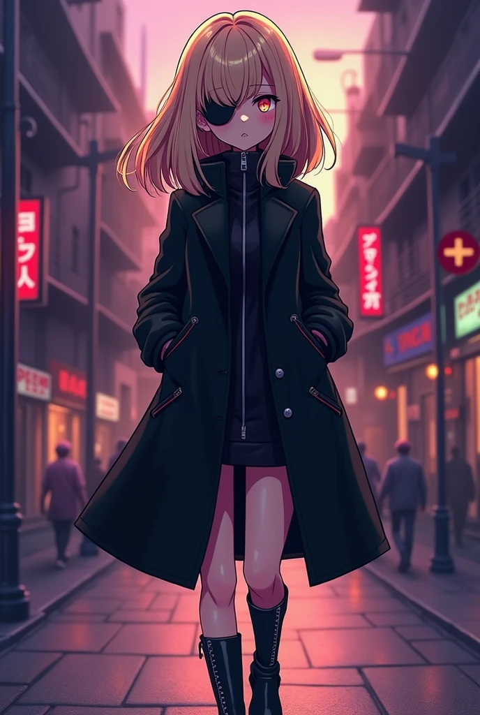a cartoon image of a woman in a black coat and boots, vector art by Ei-Q, pixiv, shin hanga, full_body!!, !!full body portrait!!, full body!!, anime moe artstyle, gapmoe yandere grimdark, full body!, anime vtuber full body model　beige hair eyepatch 　coat with front zipper closed