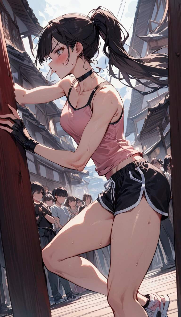 {{masterpiece}}, {{{Highest quality}}},{{Very detailed}}{{female martial artist}},{{Female fighters are sparring in the ring and struggling.}},{{}},solo,1girl, {{Very slim legs:1.2}},slim body,{{}},{{}},Mature Women,Dynamic composition、Dutch Angle,from side,Focus on thighs,,v-shaped eyebrows.profound,Bad mood,blush,Sweat,{{clavicle:1.4}},{{}},,choker,,,,black fingerless gloves,dolphin shorts, Pink camisole, long hair,ponytail Blunt bangs,high-cut sneakers,{{On the ring:1.4}},Small crowd outside the ring,Small outdoor martial arts events
