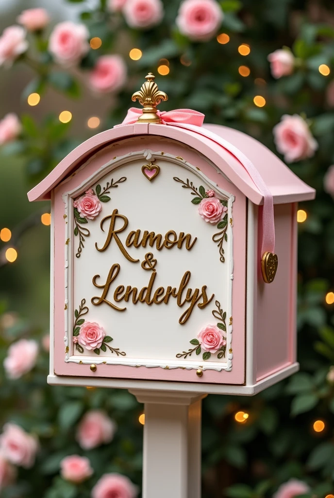 Generate an image of a wedding gift mailbox where the bride and groom's names are Ramón and Lenderlys.