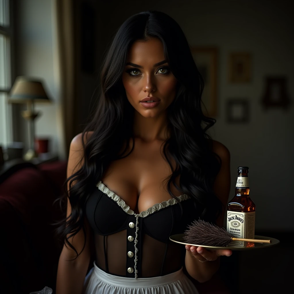 (masterpiece, best quality:1.3), (feet bottom view) hyperrealism, sharp images, photorealistic, (Full body portrait), (highly detailed face:1.4), (highly detailed skin:1.4), (20 years old woman) (she has very black wavy hair) (breast size: 1.3), detailed hd beautiful dark green eyes, lips marked with red lipstick, flirtatious look, big light green eyes, bold black eye shadows, huge eyelashes, (wearing a flirty maid outfit somewhat translucent in black with white with bordered and thin, very realistic clothing details) (she is looking in a flirtatious and seductive way, slight smile: 0.7) (in one hand he holds a small silver tray with jack daniels liqueur and in the other hand a feather duster) (background, late night, nighttime, dim light, dark filter, no lamp, desk room:1)