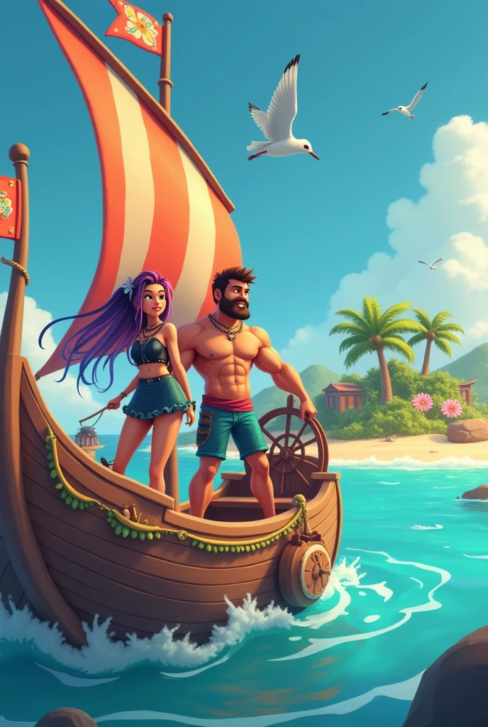 generate how two friends go on a wooden ship to a deserted island.the picture should be in the style of a modern 3D cartoon.Everything is very colorful and bright. In the photo, the girl is a goth and the man is 43 years old, a little big and muscular with a small beard