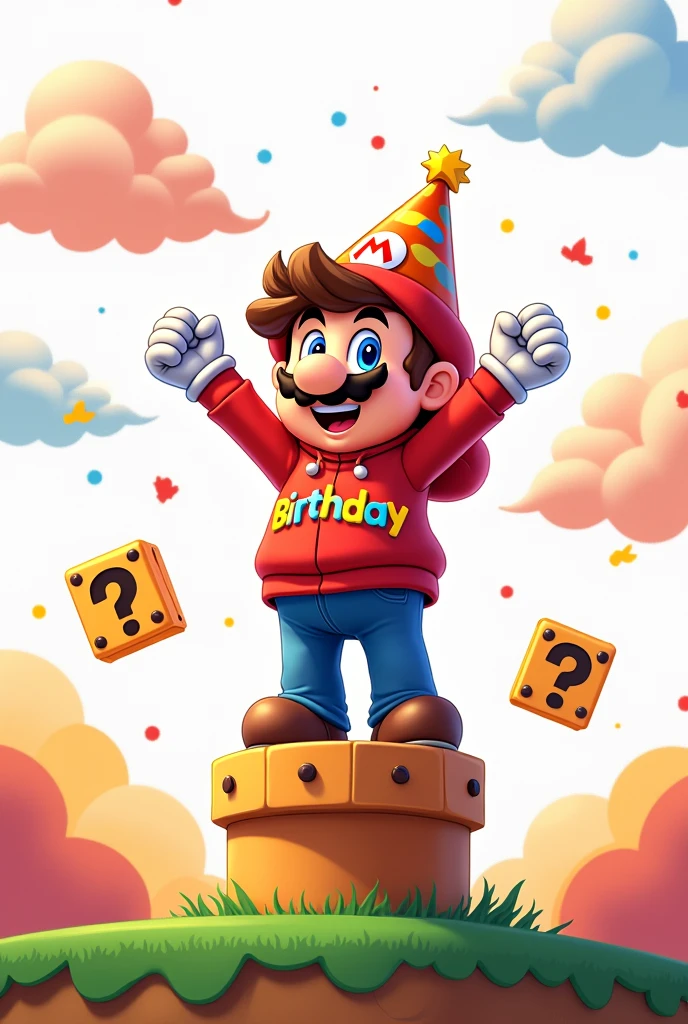 Make a cool cartoon Mario Bros. style by wearing a trendy sweatshirt with the words birthday written on it with a white background behind it.
