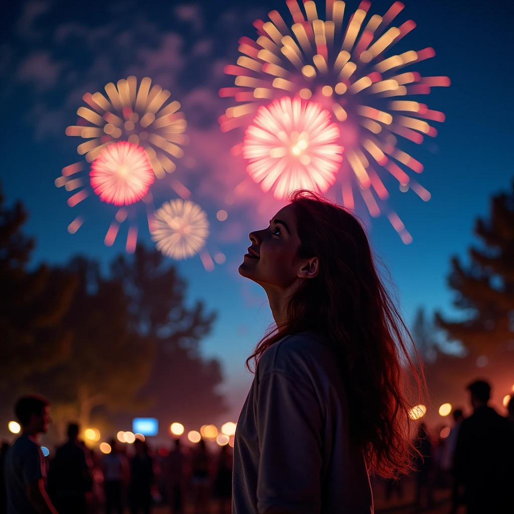 Many fireworks in eyes of young lady at night