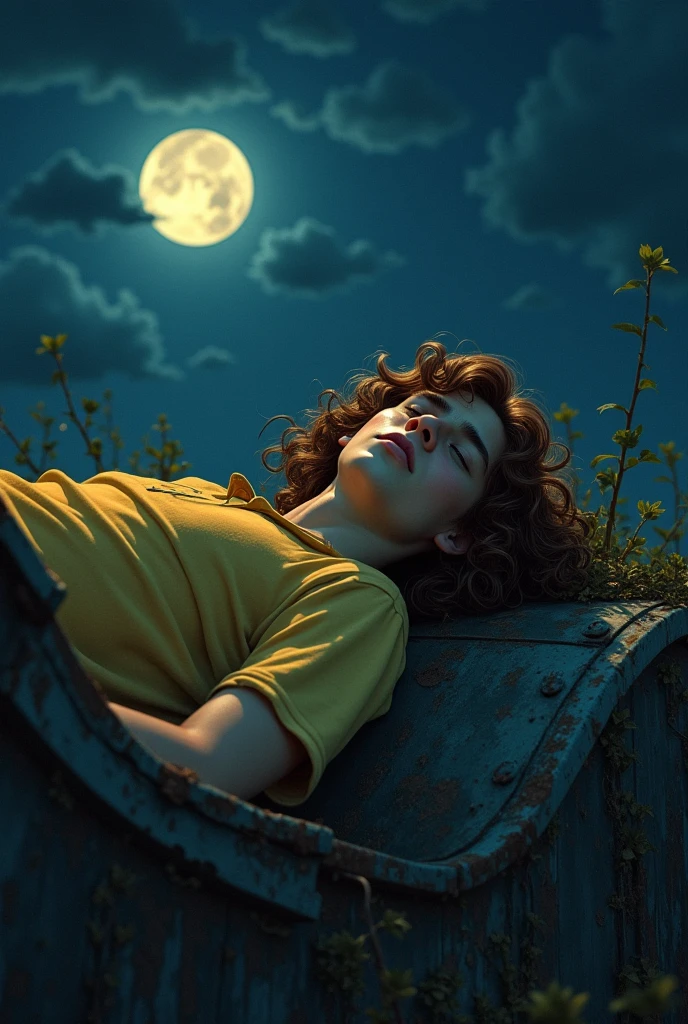 Artwork of a teenage male with long brown hair in loose curls, wearing a light yellow shirt, looking sad, lying down with details on top of an old abandoned train at night. Best quality, ultra-detailed.
