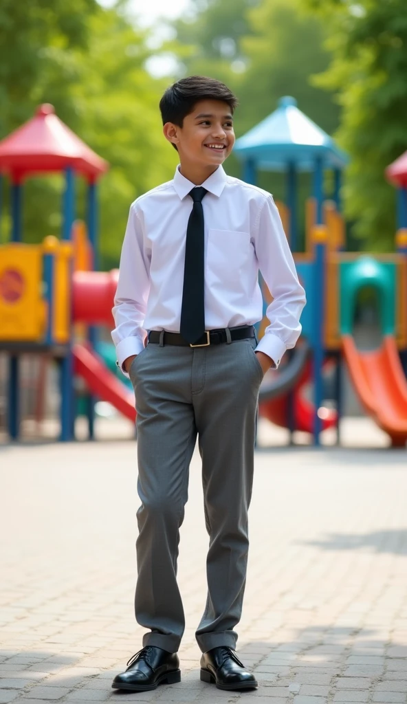 male student wearing a long-sleeved shirt, hands at the sides, black tie, Gray pants, black shoes and standing in a schoolyard in hd, looking to the side with a big smile