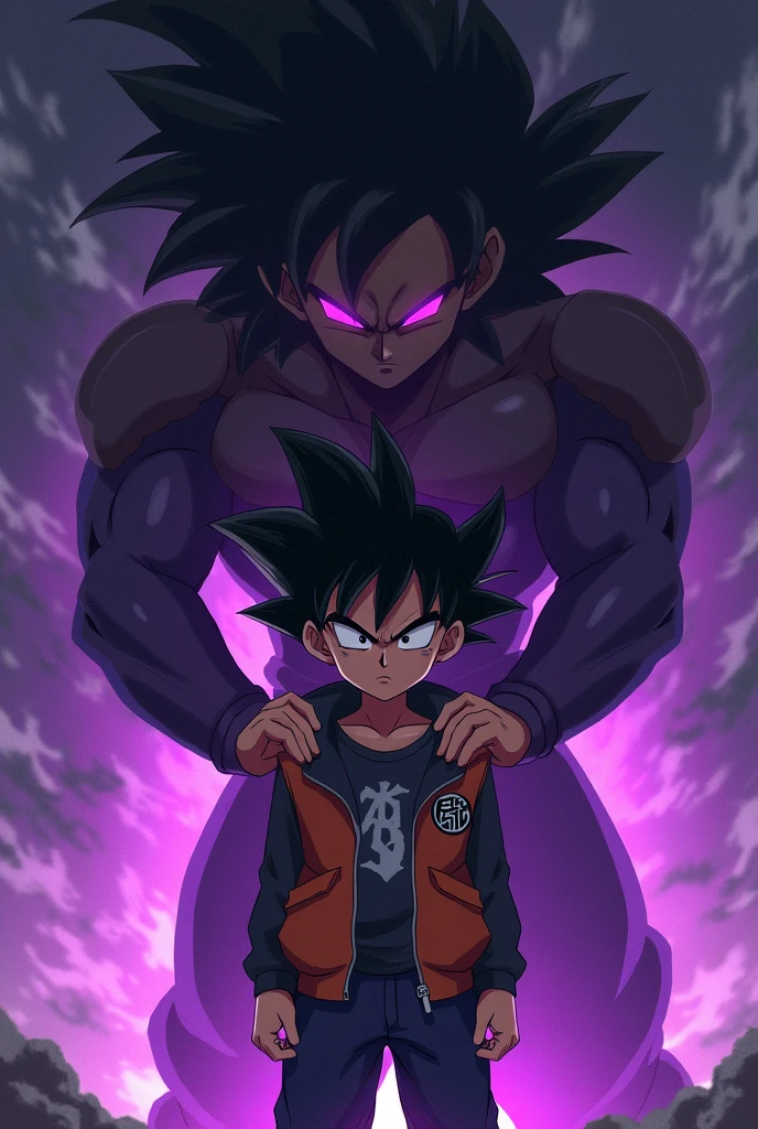 17-year-old boy with black hair, annoyed look, Purple aura with a black eye and red pupil, with Super Buu behind him, taking his shoulder.
