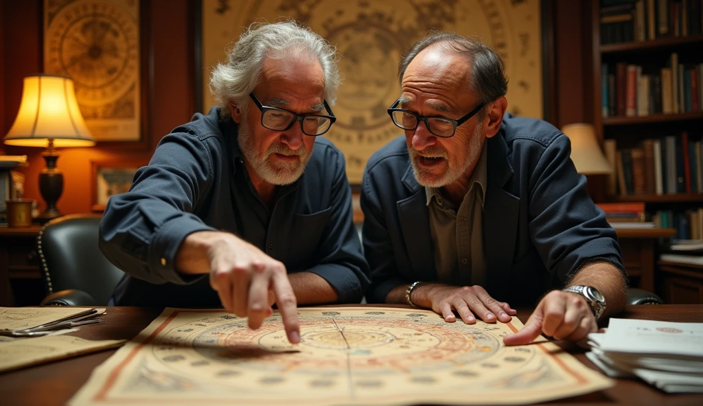 A close-up of two astrologers, Chris Brennan and Rick Levine, in a studio setting, surrounded by astrological charts and celestial maps. They are engaged in a lively discussion, with one pointing at a chart while the other listens intently. The atmosphere is scholarly and warm, with soft lighting and a focus on their facial expressions. --ar 16:9
