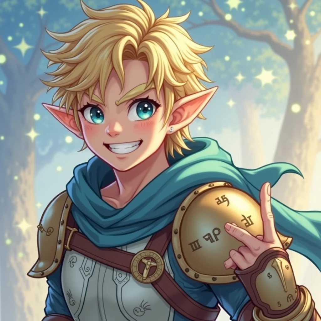 Elf Man , short blonde hair, smiling, wearing a leather armor and medieval clothing, doing the rock hand sign, best qualityer, high fantasy.