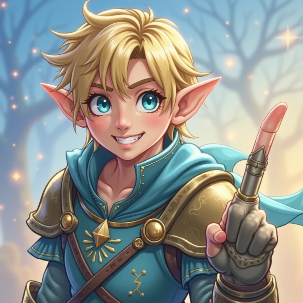 Elf Man , short blonde hair, smiling, wearing a leather armor and medieval clothing, doing the rock hand sign, best qualityer, high fantasy.