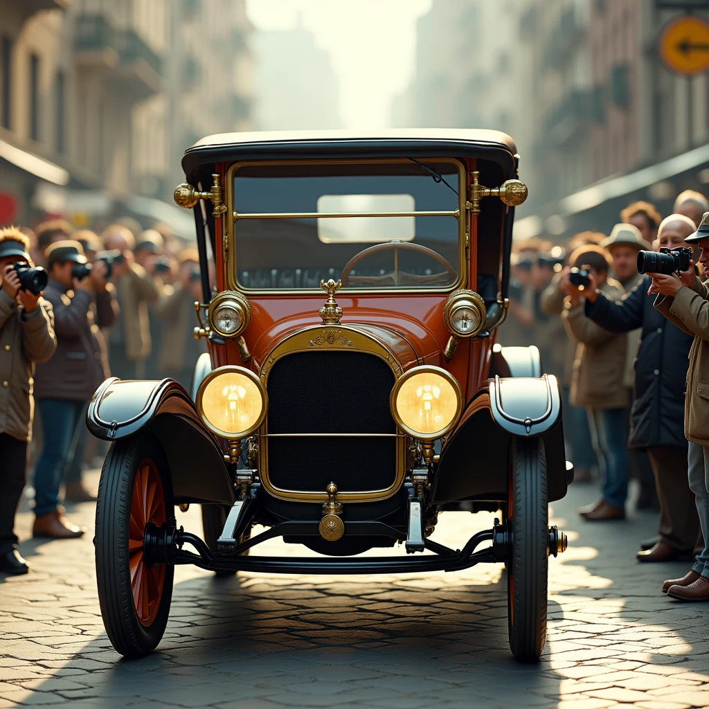 retro car shaped like horse-drawn carriage, photo session, and many photographers taking photos, (ultra detailed, absolutely resolution, best quality:1.3), 2.5D, delicate and dynamic, artistic photography, hyper realistic, 1905s car like first ford-F