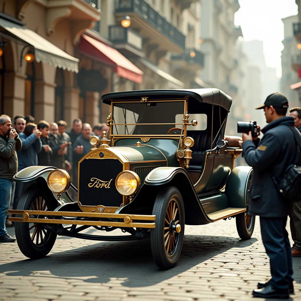 retro car shaped like horse-drawn carriage, photo session, and many photographers taking photos, (ultra detailed, absolutely resolution, best quality:1.3), 2.5D, delicate and dynamic, artistic photography, hyper realistic, 1905s car like first ford-F