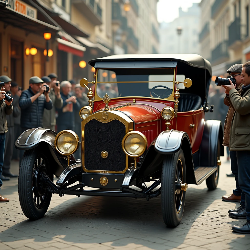 retro car shaped like horse-drawn carriage, photo session, and many photographers taking photos, (ultra detailed, absolutely resolution, best quality:1.3), 2.5D, delicate and dynamic, artistic photography, hyper realistic, 1905s car like first ford-F