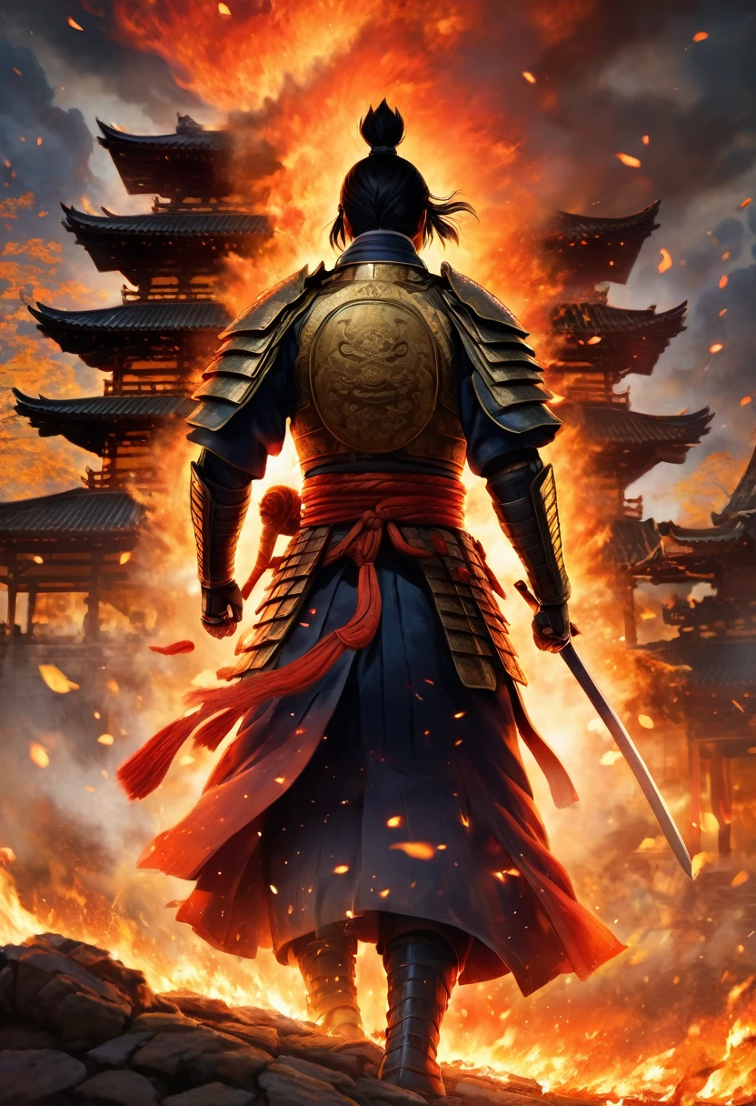 "Illustrate Nobunaga Oda walking away from the burning temple, his back turned to the viewer, but his posture exuding confidence and power. His samurai armor should be detailed, and his silhouette should be striking against the fiery backdrop of the burning temple. The scene should convey a sense of dominance and finality, with embers and sparks floating in the air around him