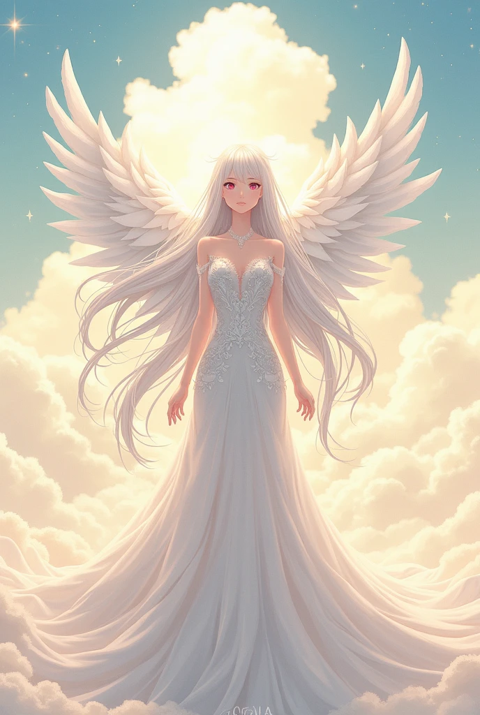 An anime woman, with long, white hair, pink eyes, white gown, with angel wings