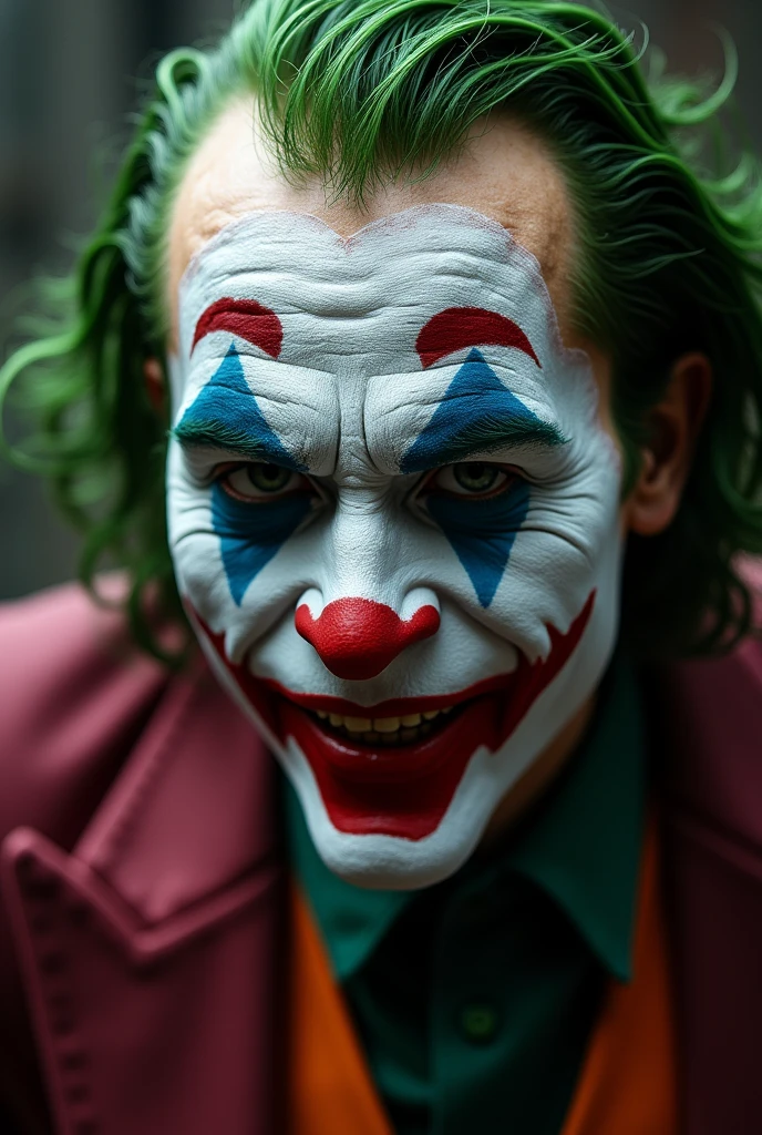 The Joker as a realistic human man, (masterpiece), full body shot, best quality, hyper-detailed, high quality fingers, normal hands, detailed fingers,masterpiece, (realistic, photo-realistic:1.37), psychopathic clown with no moral compass and is characterized by his chalk-white skin, green hair, and permanent grin. perfect illumination, beautiful detailed evil eyes,looking at viewer, evil man, detailed hairstyle,detailed, a vat of chemicals disfigured him, driving him insane. The chemicals bleached his skin white, turned his hair green, and fixed his lips in a demonic grin. The Joker's facial nerves are paralyzed, which makes him appear as if he is perpetually grinning, an expression called a "rictus grin." His green hair and nails, his rouge-red lips, and his chalk-white skin are all directly due to chemical exposure. The Joker's face is also damaged from massive scarring in the shape of a hideous smile.