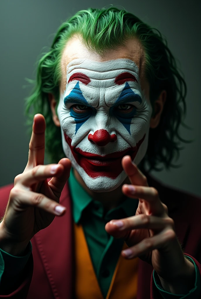 The Joker as a realistic human man, (masterpiece), full body shot, best quality, hyper-detailed, high quality fingers, normal hands, detailed fingers,masterpiece, (realistic, photo-realistic:1.37), psychopathic clown with no moral compass and is characterized by his chalk-white skin, green hair, and permanent grin. perfect illumination, beautiful detailed evil eyes,looking at viewer, evil man, detailed hairstyle,detailed, a vat of chemicals disfigured him, driving him insane. The chemicals bleached his skin white, turned his hair green, and fixed his lips in a demonic grin. The Joker's facial nerves are paralyzed, which makes him appear as if he is perpetually grinning, an expression called a "rictus grin." His green hair and nails, his rouge-red lips, and his chalk-white skin are all directly due to chemical exposure. The Joker's face is also damaged from massive scarring in the shape of a hideous smile.