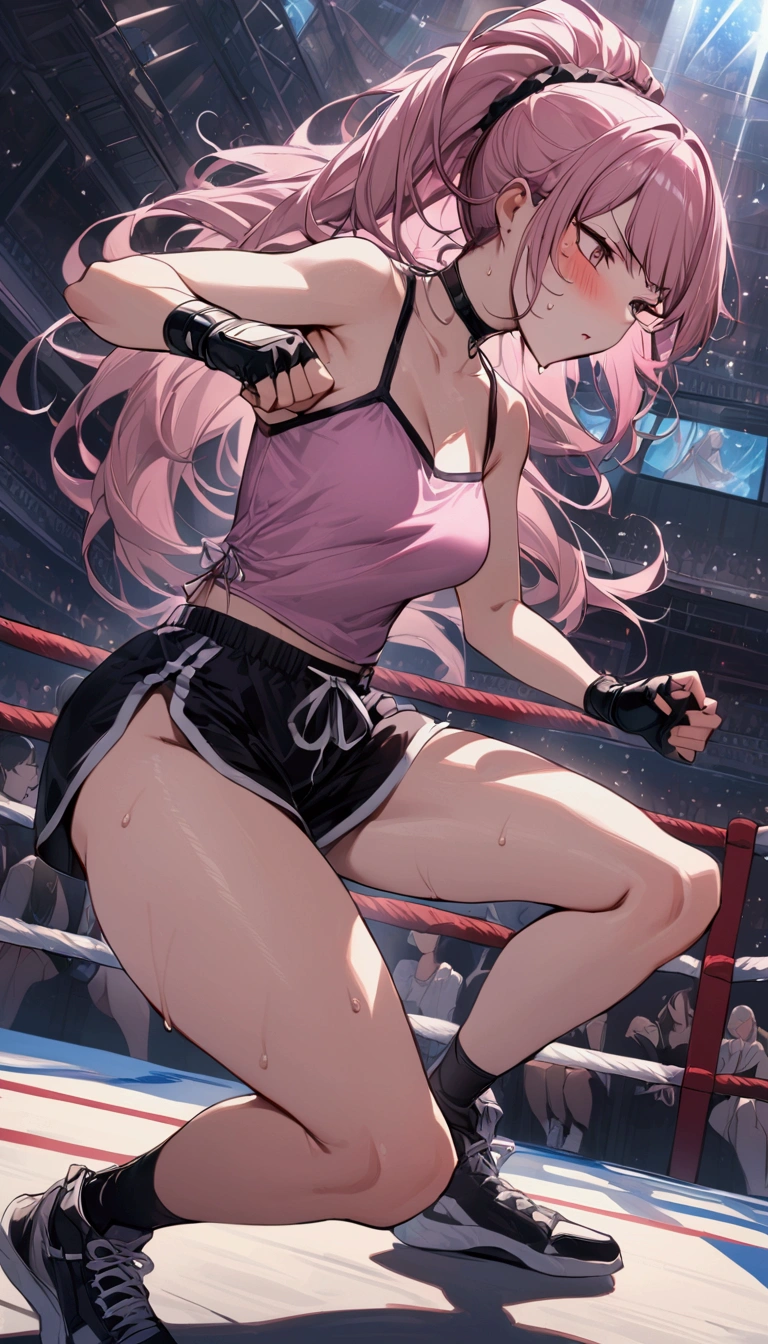 {{masterpiece}}, {{{Highest quality}}},{{Very detailed}}{{female martial artist}},{{Female fighters are sparring in the ring and struggling.}},{{}},solo,1girl, {{Very slim legs:1.2}},slim body,{{}},{{}},Mature Women,Dynamic composition、Dutch Angle,from side,Focus on thighs,,v-shaped eyebrows.profound,Bad mood,blush,Sweat,{{clavicle:1.4}},{{}},,choker,,,,black fingerless gloves,dolphin shorts, Pink camisole, long hair,ponytail Blunt bangs,high-cut sneakers,{{On the ring:1.4}},Small crowd outside the ring,Small outdoor martial arts events