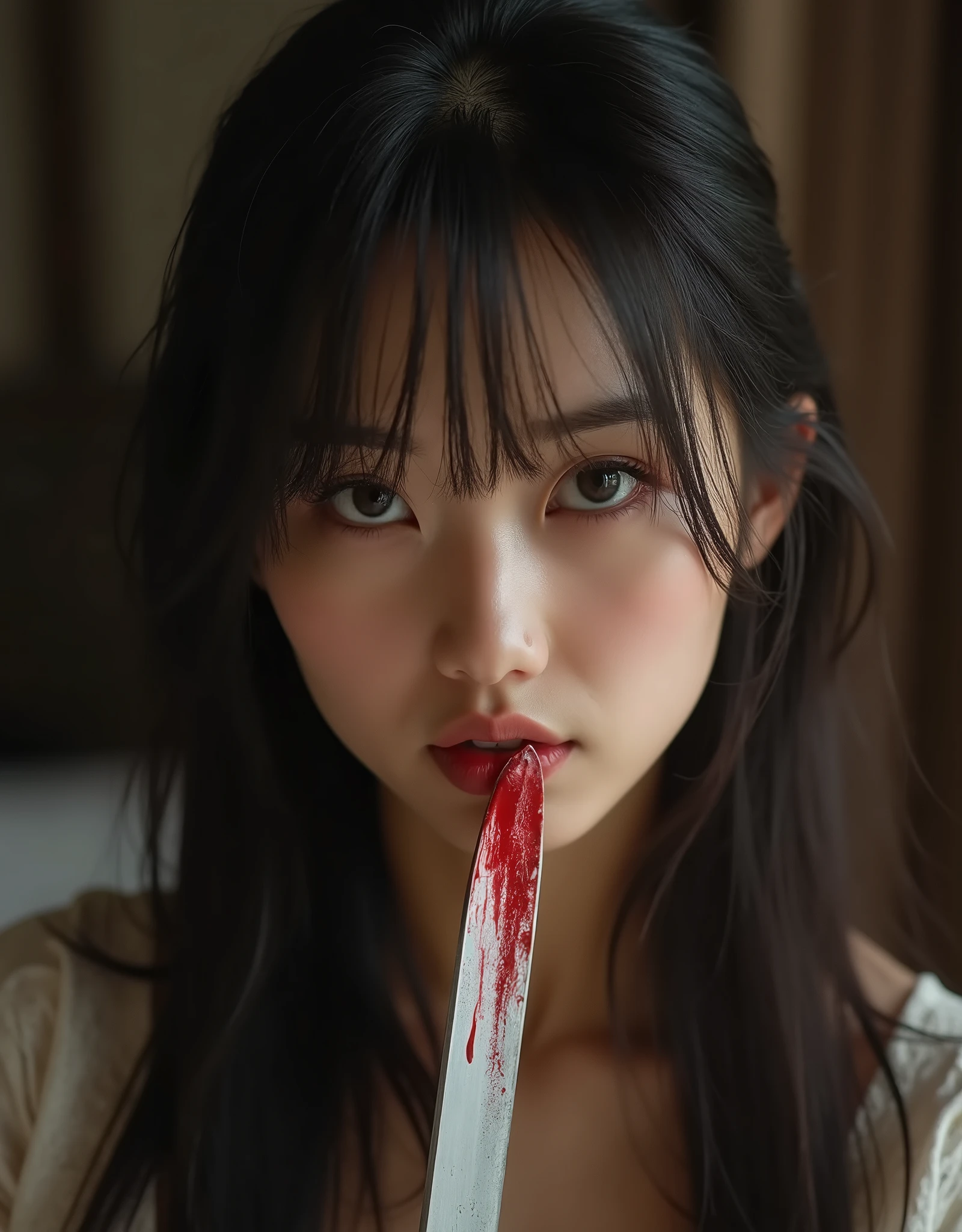 Chinese, very cute beautiful woman, killer stuck a knife in his throat of a boy blindfold bloody in neck sadism, luxury house
