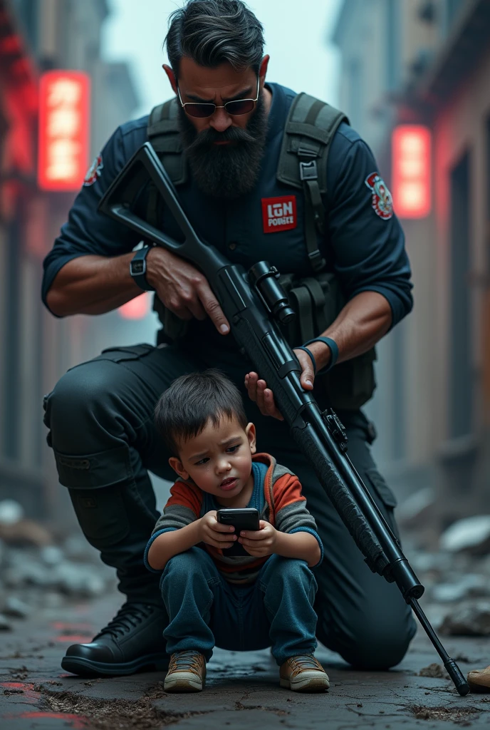 A  crying at the feet of a soldier with glasses and a beard, holding a shotgun. This is in the Call of Duty Mobile environment..

The child must be crying in his hands a Samsung s22 ultra phone and the man&#39;s shirt says Xiaomi poco f4 gt