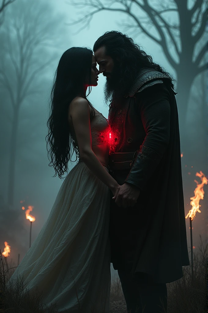 Long black-haired woman in a short dress ripping out the heart of a black-haired man with a beard