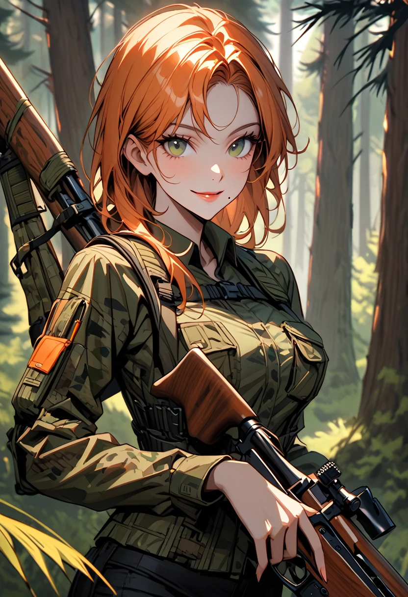 solo, female, close up, medium shot, forest, long orange hair, dark green eyes, mole under mouth, very large breasts, pine forest, outdoors gear, black jeans, feminine, tomboy, happy smile, day, adult, hunting rifle, huntress, pinup pose, camouflage, relaxed