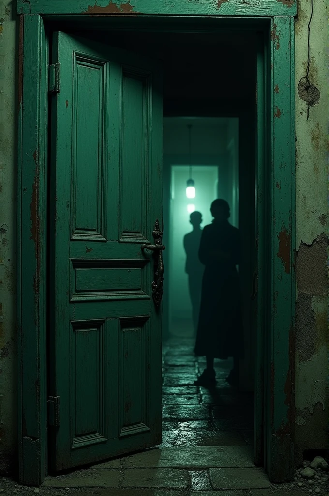 A dark green door swings open to reveal a shadowy interior. The space beyond is dimly lit, with eerie, indistinct shapes lurking in the darkness. The door creaks as it opens, suggesting something sinister awaits inside.