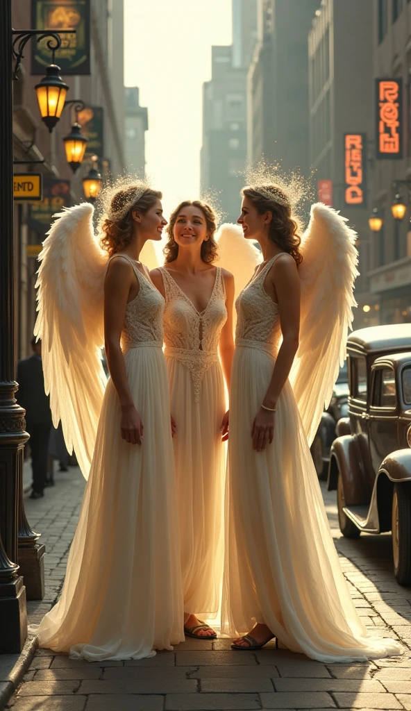 Three beautiful female angels standing on a street corner in the 1930s