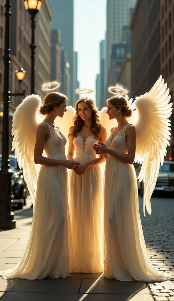 Three beautiful female angels standing on a street corner in the 1930s