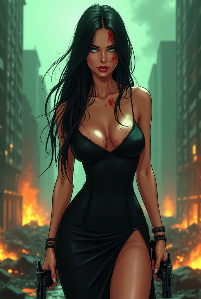 A beautiful woman with mesmerizing blue eyes, long, straight, jet-black hair, she is very beautiful, Wide hips, big breasts, She is wearing a tight and beautiful elegant black dress, which has a V-neckline and a leg slit, She is in a burnt city, with a weapon in their hand, intimidating and cold look, fire and green mist surround her. With blood on her face and hands. megan fox. animated art