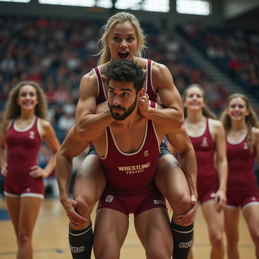 Hot woman wrestler wearing a wrestling singlet carrying a man wrestler over her shoulder he is also wearing a wrestling singletand he is resisting but she is stronger than him in front of female cheerleaders who look shocked and happy in a high school gym