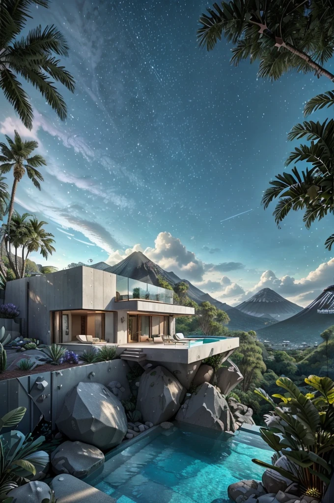 small and beautiful modern house in top of big boulders, terraces, pool, stairs, multiple cacti gardens, palms, trees, rocks, beautiful landscape design, mountains and volcano y background, amazing clouds, sun, moon, planets, milky way galaxy, concrete, wood, glass and steel materials, olive green, violet, orange and withe colors in facade