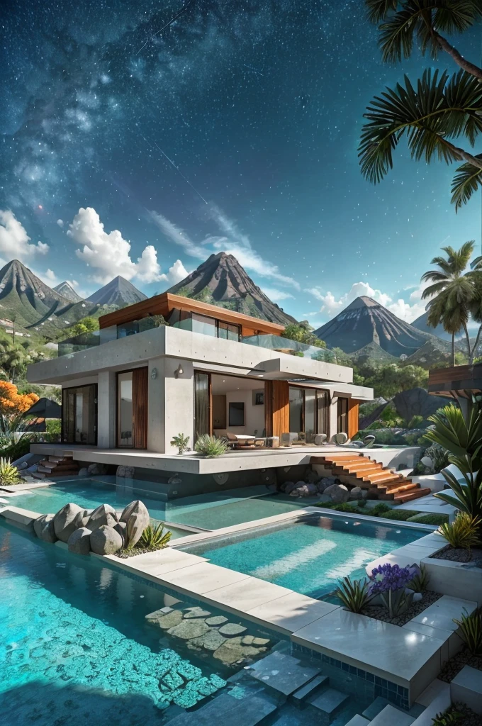 small and beautiful modern house in top of big boulders, terraces, pool, stairs, multiple cacti gardens, palms, trees, rocks, beautiful landscape design, mountains and volcano y background, amazing clouds, sun, moon, planets, milky way galaxy, concrete, wood, glass and steel materials, olive green, violet, orange and withe colors in facade